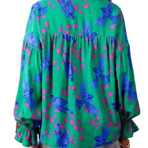 Women's Green V Neck Blouse, Casual Daily Spring Top - Main View