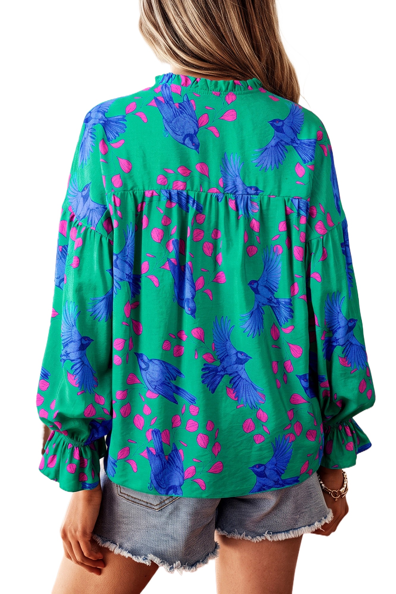 Women's Green V Neck Blouse, Casual Daily Spring Top - Main View Women's Green V Neck Blouse, Casual Daily Spring Top - Main View