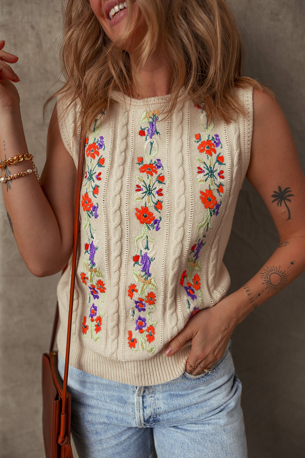 Stylish Cable Knit Sweater Vest - Perfect for Fall with Floral Design - Detail View 3 Stylish Cable Knit Sweater Vest - Perfect for Fall with Floral Design - Detail View 3