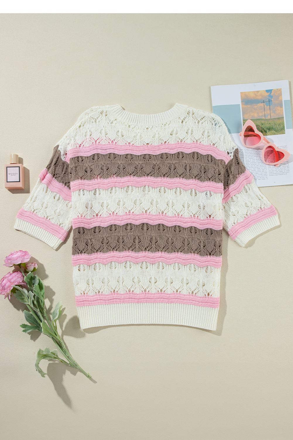 Cozy Crochet Knitwear: Color Block Brown Stripe Half Sleeve Sweater with Cut-Out Details - Detail View 7 Cozy Crochet Knitwear: Color Block Brown Stripe Half Sleeve Sweater with Cut-Out Details - Detail View 7