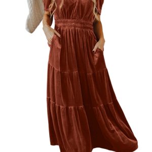Women's Chestnut Velvet Short Sleeve Tiered Maxi Dress with V Neck - Main View
