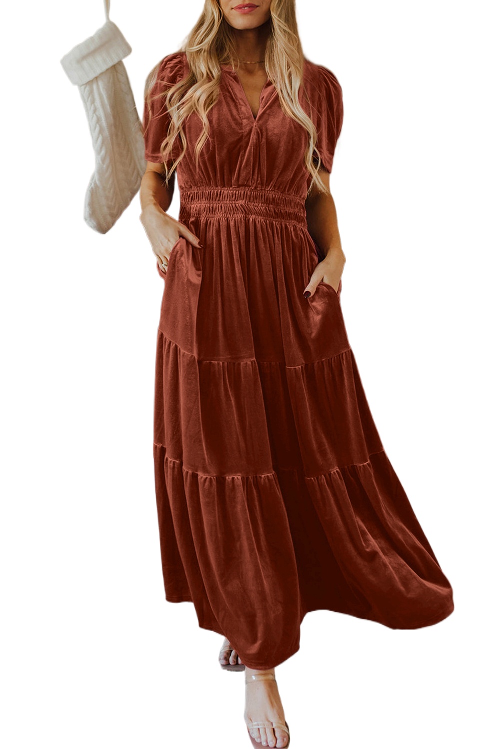 Women's Chestnut Velvet Short Sleeve Tiered Maxi Dress with V Neck - Main View Women's Chestnut Velvet Short Sleeve Tiered Maxi Dress with V Neck - Main View