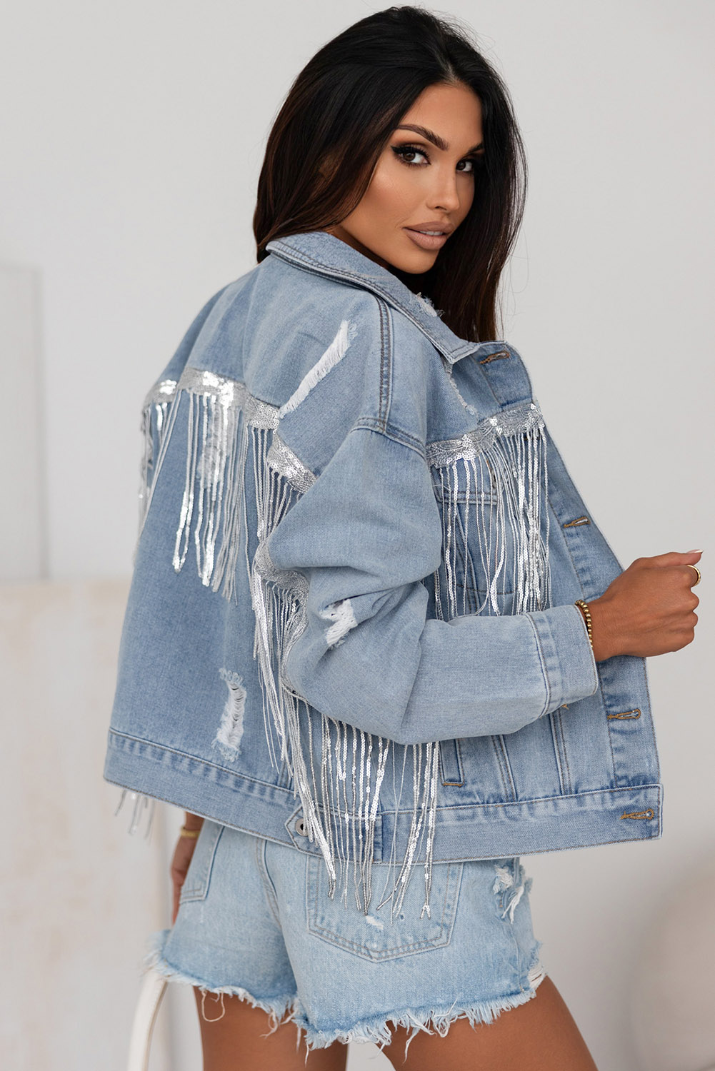 Women's Sequin Fringe Denim Jacket, Distressed Light Blue Coat - Detail View 7 Women's Sequin Fringe Denim Jacket, Distressed Light Blue Coat - Detail View 7