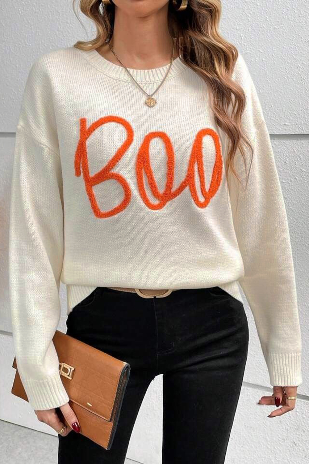 Cozy Casual Sweater with Letter Pattern - Apricot Color - Detail View 7 Cozy Casual Sweater with Letter Pattern - Apricot Color - Detail View 7
