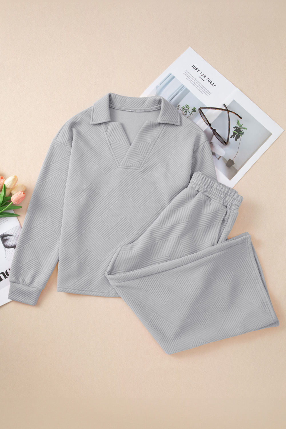 Women's Two-Piece Set, Light Grey, Textured Fabric, Collared V-Neck Top, Wide Leg Pants, Casual Style, Chic, Comfortable, Daily Wear, Solid Color, Versatile, Premium Material, Fall & Autumn Season, Best Sellers, Two-Piece Pant Sets - Detail View 10 Women's Two-Piece Set, Light Grey, Textured Fabric, Collared V-Neck Top, Wide Leg Pants, Casual Style, Chic, Comfortable, Daily Wear, Solid Color, Versatile, Premium Material, Fall & Autumn Season, Best Sellers, Two-Piece Pant Sets - Detail View 10