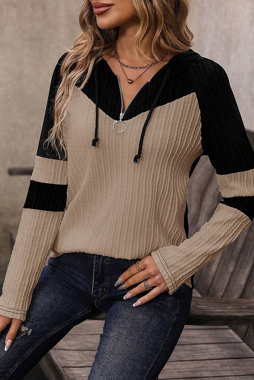 Women's Hooded Top, Parchment Colorblock, Long Sleeve, Quarter Zip, Casual Style, Textured Knit, Adjustable Fit, Sporty Design, Fall Fashion, Daily Wear, Trendy, Comfortable, Tops, Long Sleeve Tops - Detail View 4 Women's Hooded Top, Parchment Colorblock, Long Sleeve, Quarter Zip, Casual Style, Textured Knit, Adjustable Fit, Sporty Design, Fall Fashion, Daily Wear, Trendy, Comfortable, Tops, Long Sleeve Tops - Detail View 4
