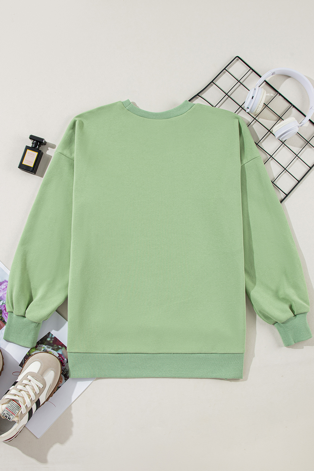 Grass Green Fleece Lined Drop Shoulder High Low Sweatshirt for Women - Detail View 6 Grass Green Fleece Lined Drop Shoulder High Low Sweatshirt for Women - Detail View 6