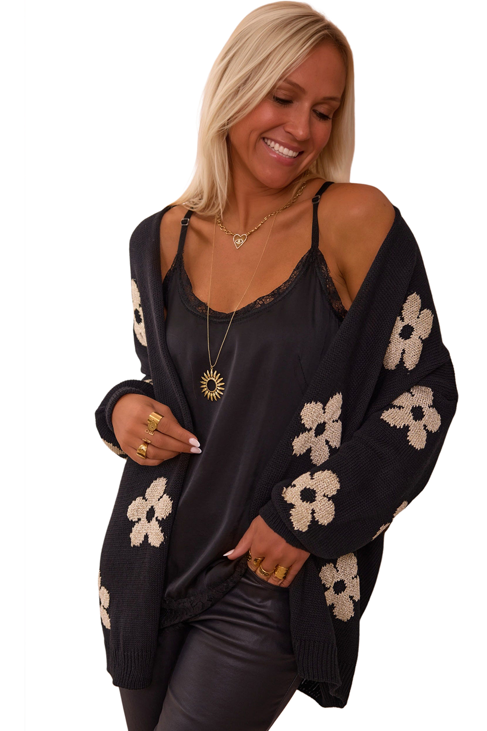 Women's Cardigan, Black Floral Print, Open Front, Knitted, Warm and Comfortable, Tunic Length, Versatile, Feminine, Chic, Casual, Elegance, Fall and Autumn, Daily Wear, Sweaters & Cardigans, Cardigans - Detail View 10 Women's Cardigan, Black Floral Print, Open Front, Knitted, Warm and Comfortable, Tunic Length, Versatile, Feminine, Chic, Casual, Elegance, Fall and Autumn, Daily Wear, Sweaters & Cardigans, Cardigans - Detail View 10