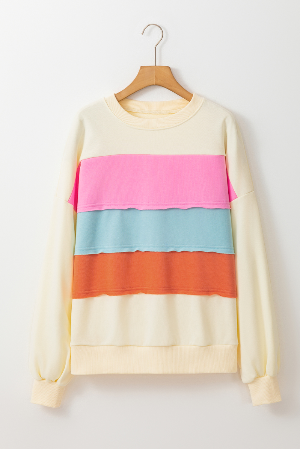 Women's White Colorblock Patchwork Crewneck Sweatshirt with Drop Shoulders - Detail View 6 Women's White Colorblock Patchwork Crewneck Sweatshirt with Drop Shoulders - Detail View 6