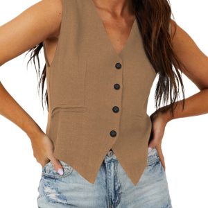 Women's Chestnut Solid Color V Neck Suit Vest - Main View