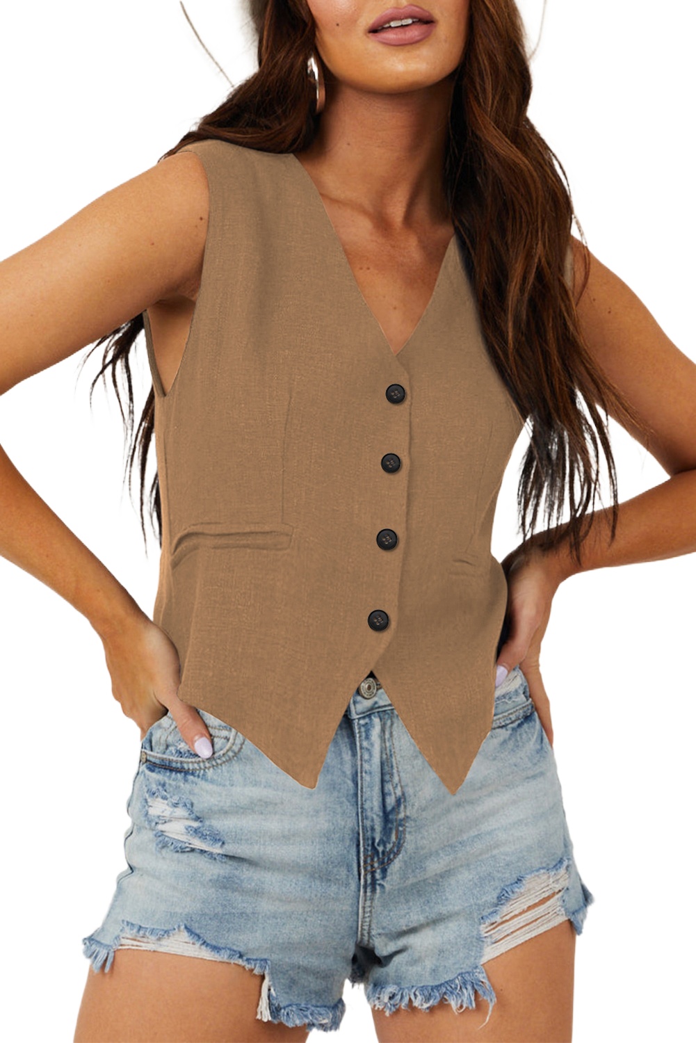 Women's Chestnut Solid Color V Neck Suit Vest - Main View Women's Chestnut Solid Color V Neck Suit Vest - Main View