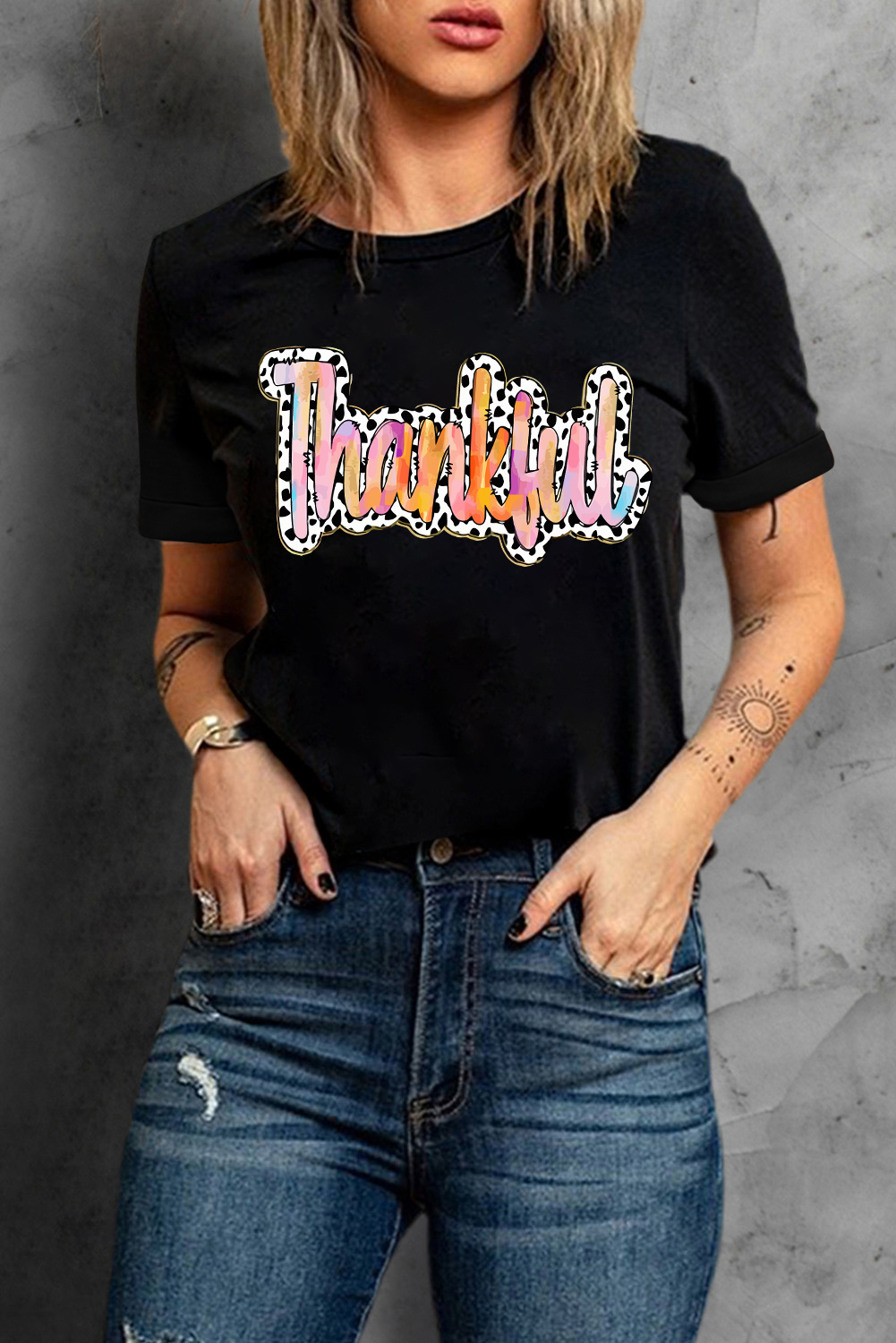 Women's T-Shirt, Black Graphic Tee, Thankful Print, Cow Print, Casual Wear, Crew Neck, Short Sleeve, Comfortable Fabric, Summer Style, Everyday Fashion, Versatile Top, Playful Design, Shift Silhouette, Daily Occasions - Detail View 4 Women's T-Shirt, Black Graphic Tee, Thankful Print, Cow Print, Casual Wear, Crew Neck, Short Sleeve, Comfortable Fabric, Summer Style, Everyday Fashion, Versatile Top, Playful Design, Shift Silhouette, Daily Occasions - Detail View 4