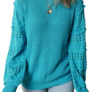 Women's Turquoise Ruffled Eyelet Bubble Sleeve Knit Sweater - Main View