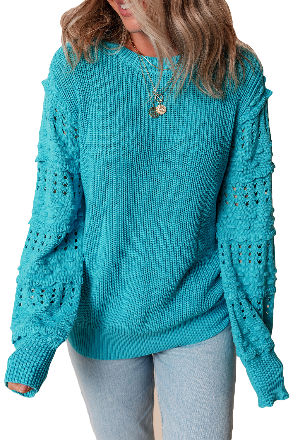 Women's Turquoise Ruffled Eyelet Bubble Sleeve Knit Sweater - Main View Women's Turquoise Ruffled Eyelet Bubble Sleeve Knit Sweater - Main View