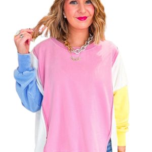 Women's Stylish Bonbon Color Block Crewneck Sweatshirt - Main View