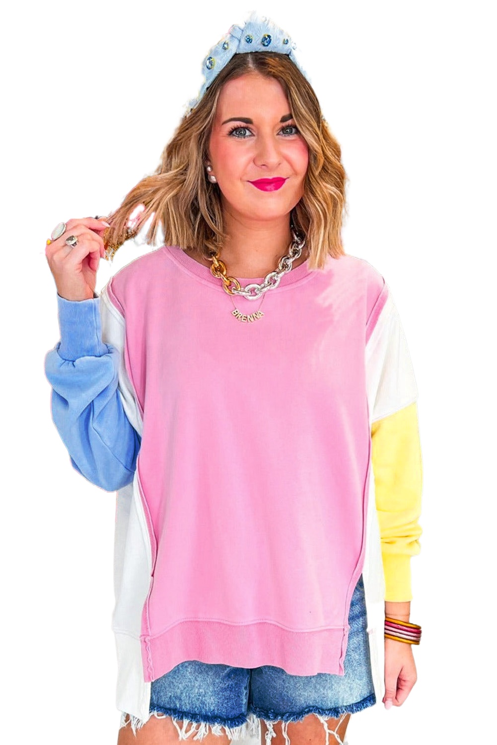 Women's Stylish Bonbon Color Block Crewneck Sweatshirt - Main View Women's Stylish Bonbon Color Block Crewneck Sweatshirt - Main View