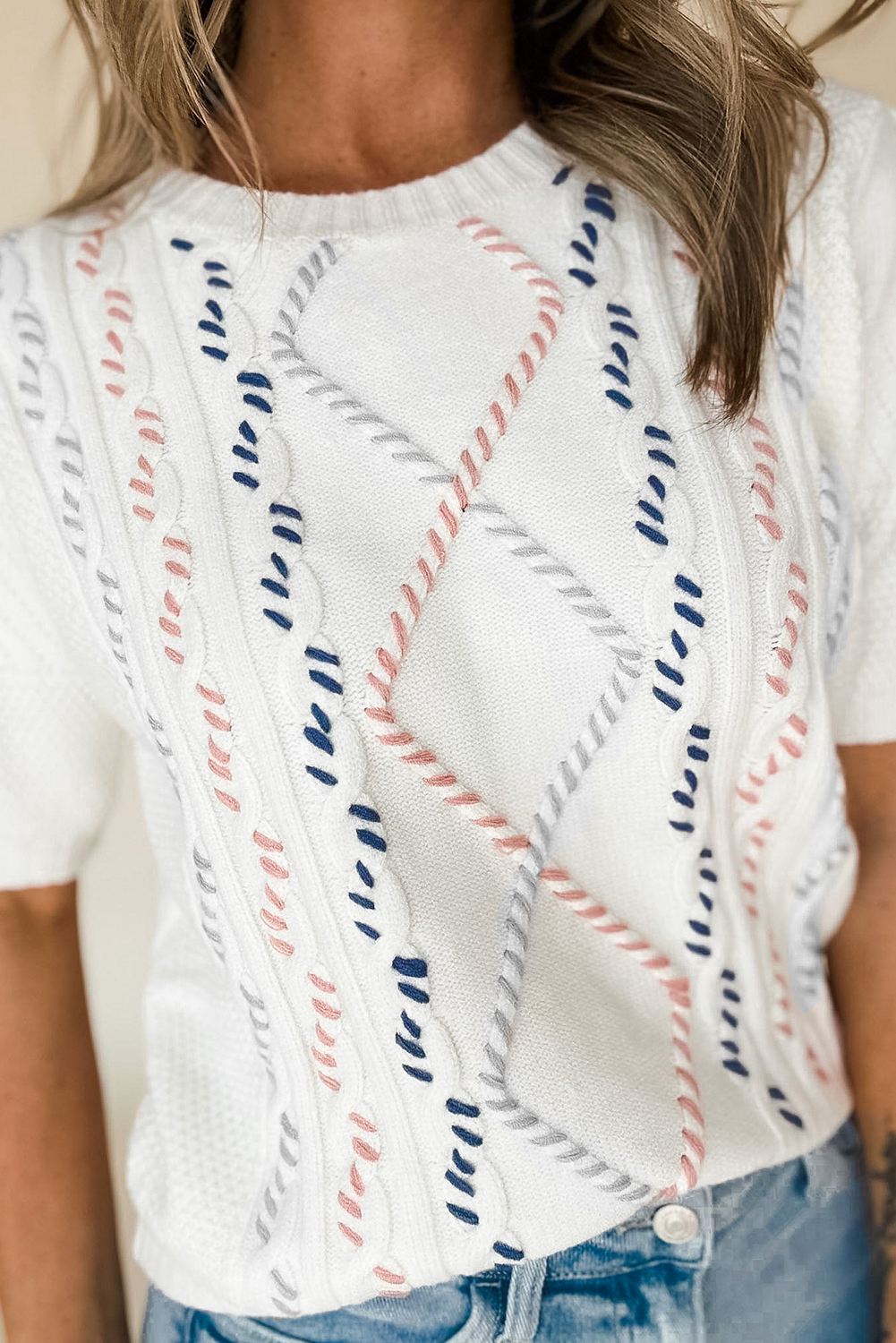 Casual and Dressy Women's Cable Knit Top with Abstract Stitching - Detail View 7 Casual and Dressy Women's Cable Knit Top with Abstract Stitching - Detail View 7
