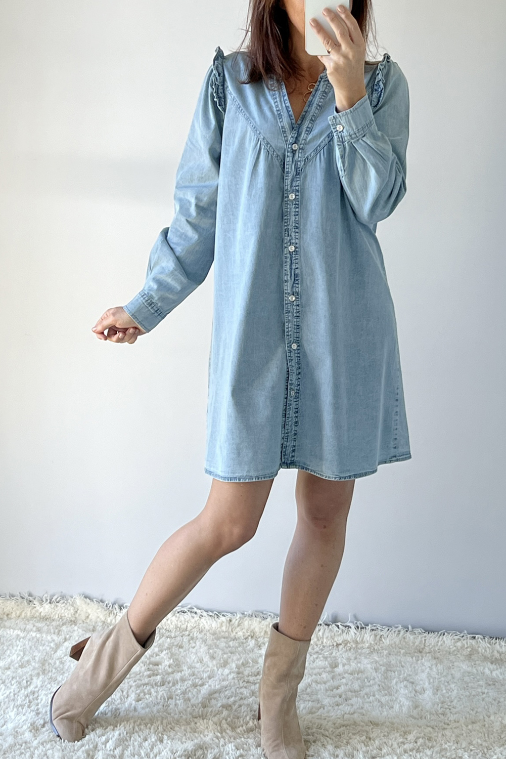 Soft Cotton Denim Shift Dress, Daily Casual Fall Mini - Detail View 6 Soft Cotton Denim Shift Dress, Daily Casual Fall Mini - Detail View 6
