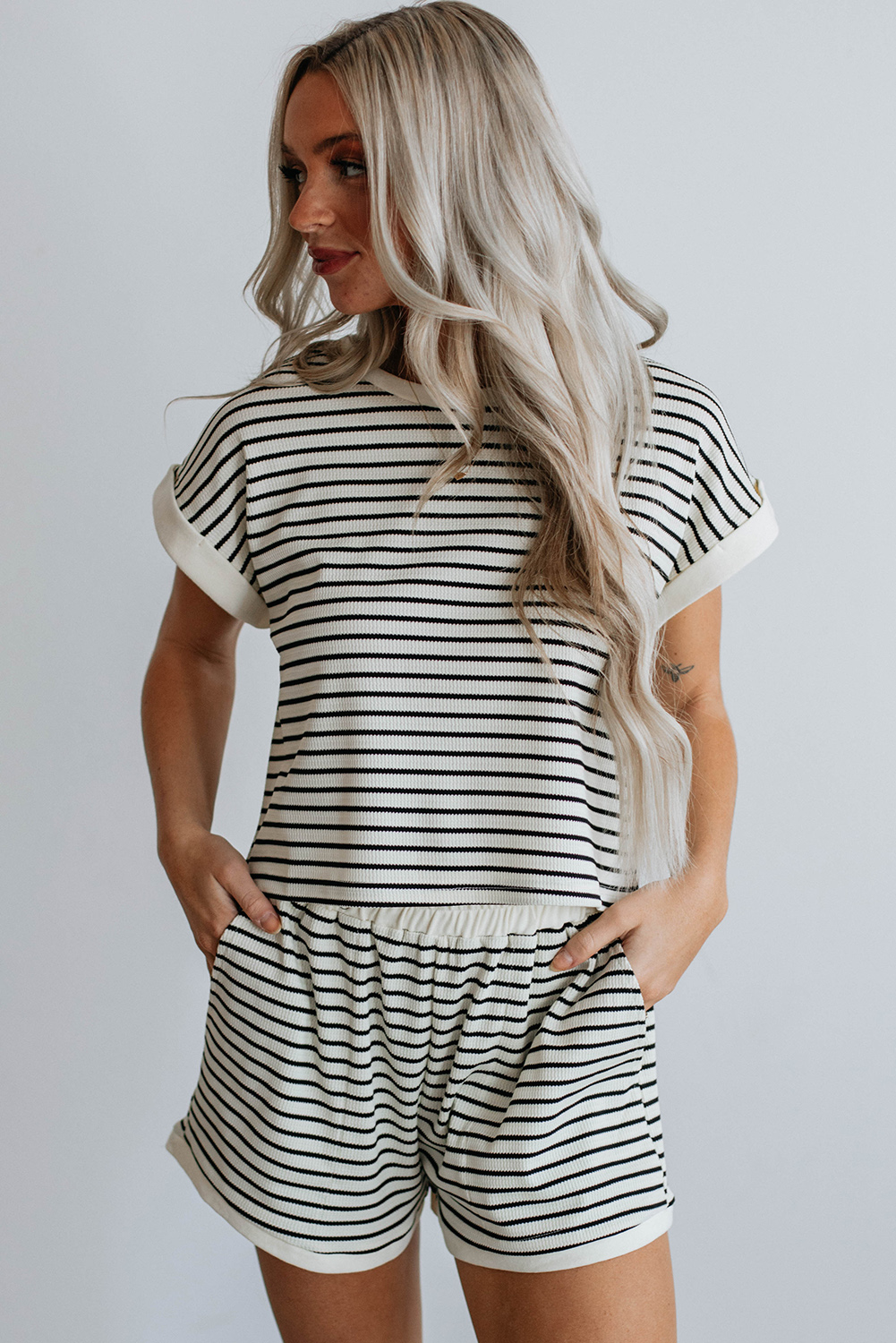 Relaxed Ribbed Shorts Set, Women's Daily Striped Tee Loungewear - Detail View 6 Relaxed Ribbed Shorts Set, Women's Daily Striped Tee Loungewear - Detail View 6