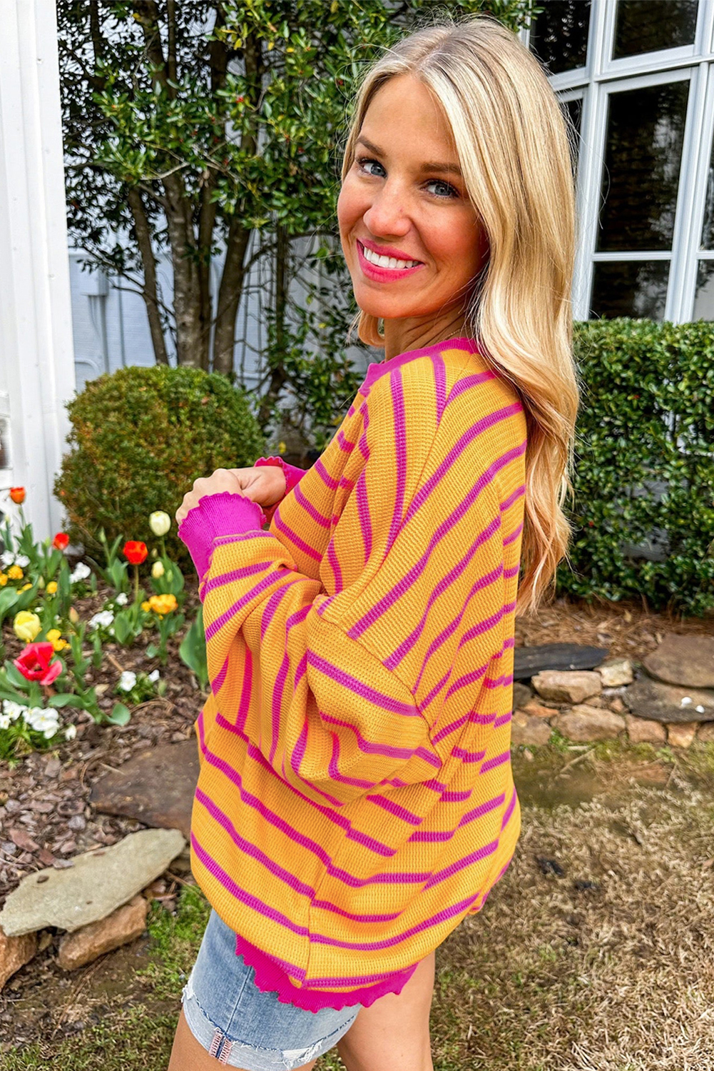Casual Long Sleeve Knit Sweater: Orange Stripe Trimmed - Detail View 2 Casual Long Sleeve Knit Sweater: Orange Stripe Trimmed - Detail View 2