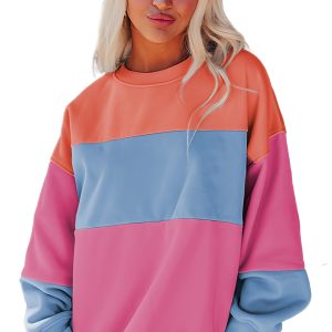 Women's Bright Pink Colorblock Patchwork Drop Shoulder Sweatshirt - Main View