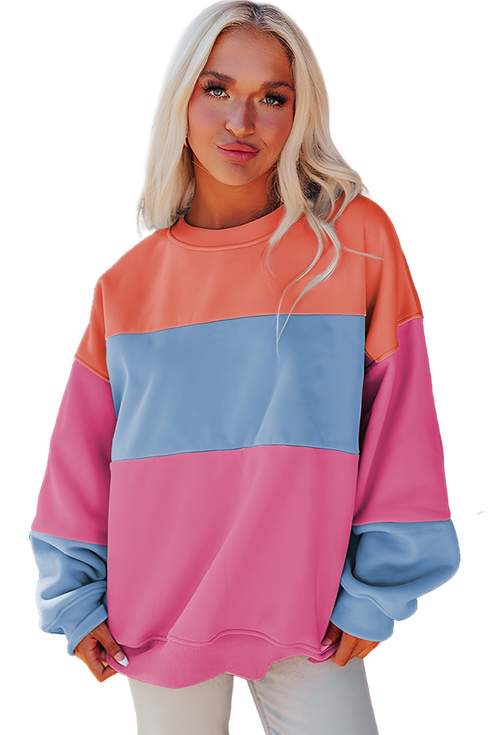 Women's Bright Pink Colorblock Patchwork Drop Shoulder Sweatshirt - Main View Women's Bright Pink Colorblock Patchwork Drop Shoulder Sweatshirt - Main View
