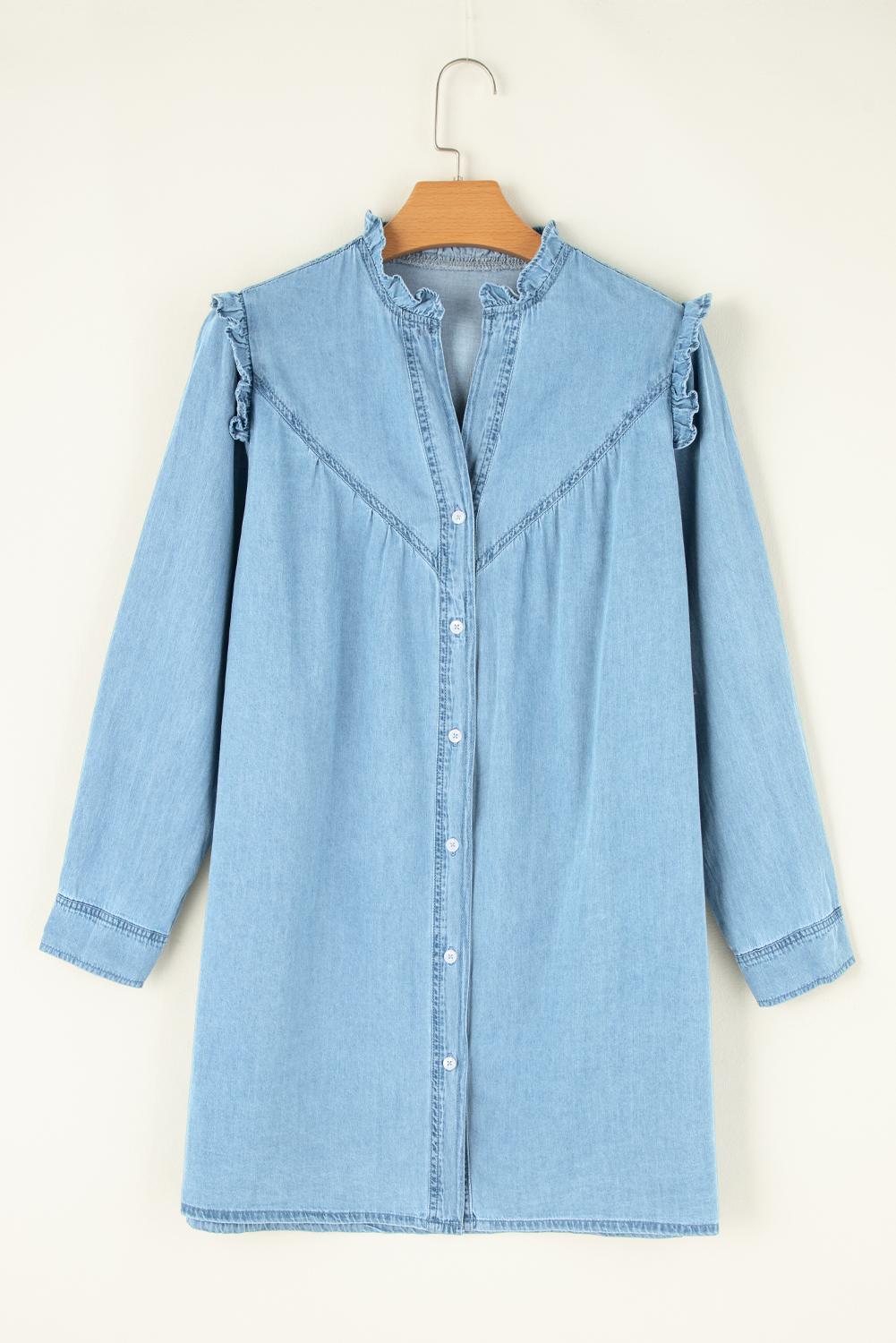Women's Denim Shirt Dress, Casual Ruffled V Neck Mini - Detail View 7 Women's Denim Shirt Dress, Casual Ruffled V Neck Mini - Detail View 7