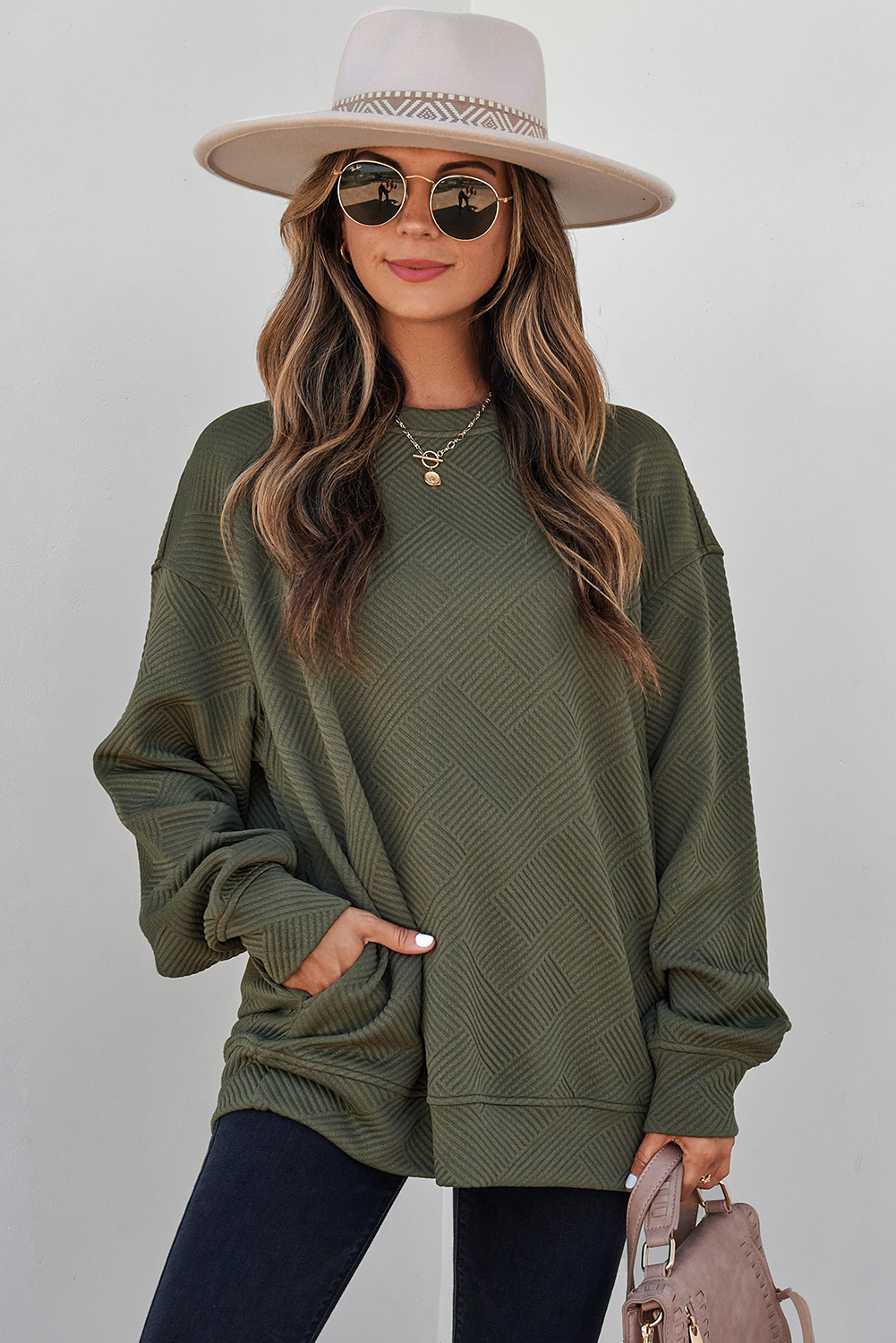 Jungle Green Textured Pullover, Drop Shoulder Casual Sweater - Detail View 5 Jungle Green Textured Pullover, Drop Shoulder Casual Sweater - Detail View 5