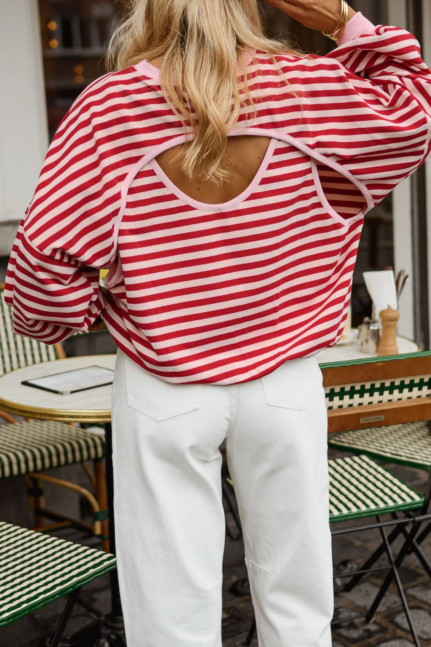 Striped Open Back Women's Tee, Cutout Detail Fall Pullover - Detail View 2 Striped Open Back Women's Tee, Cutout Detail Fall Pullover - Detail View 2