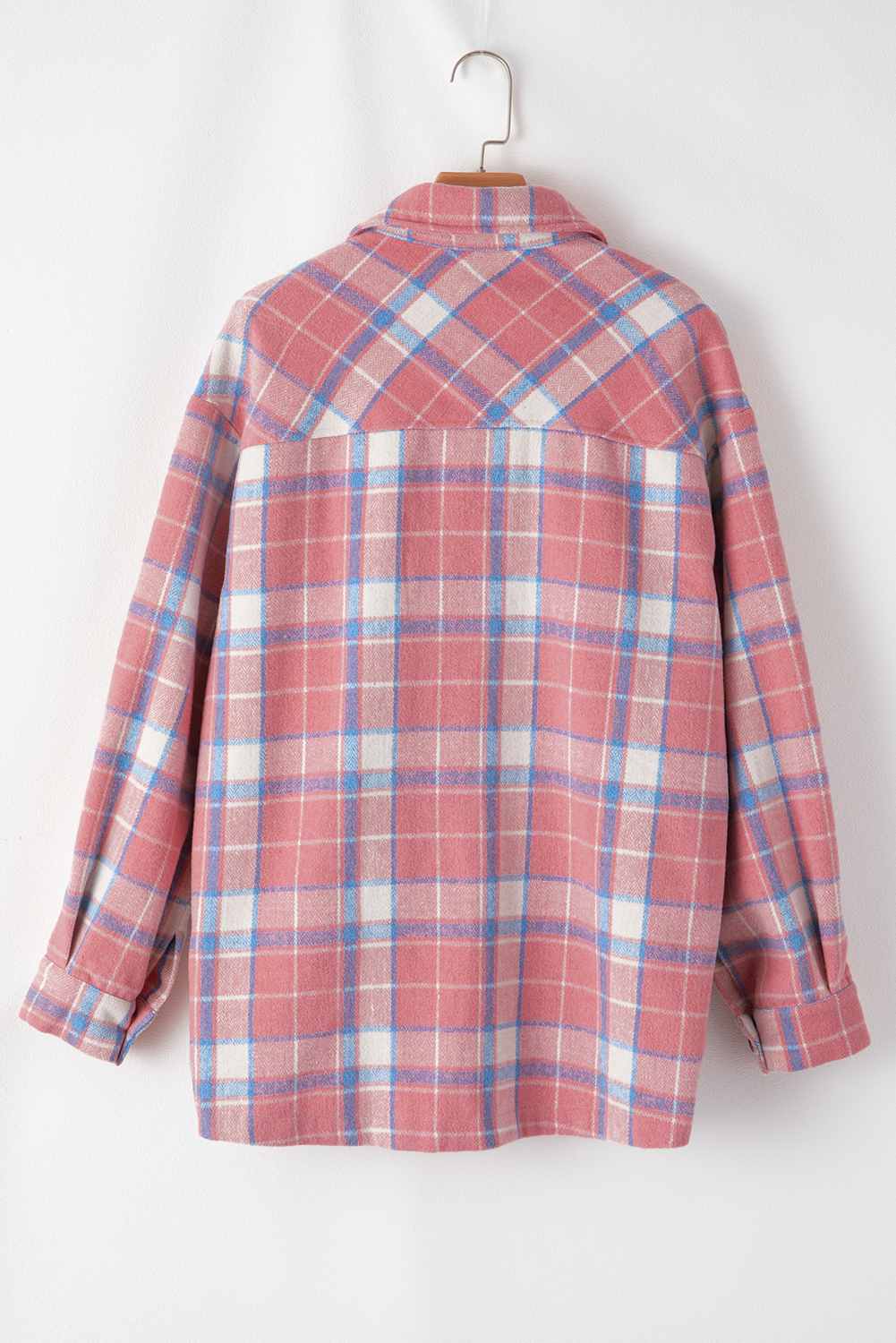 Versatile Button Up Style: Women's Casual Pink Plaid Shacket - Detail View 13 Versatile Button Up Style: Women's Casual Pink Plaid Shacket - Detail View 13