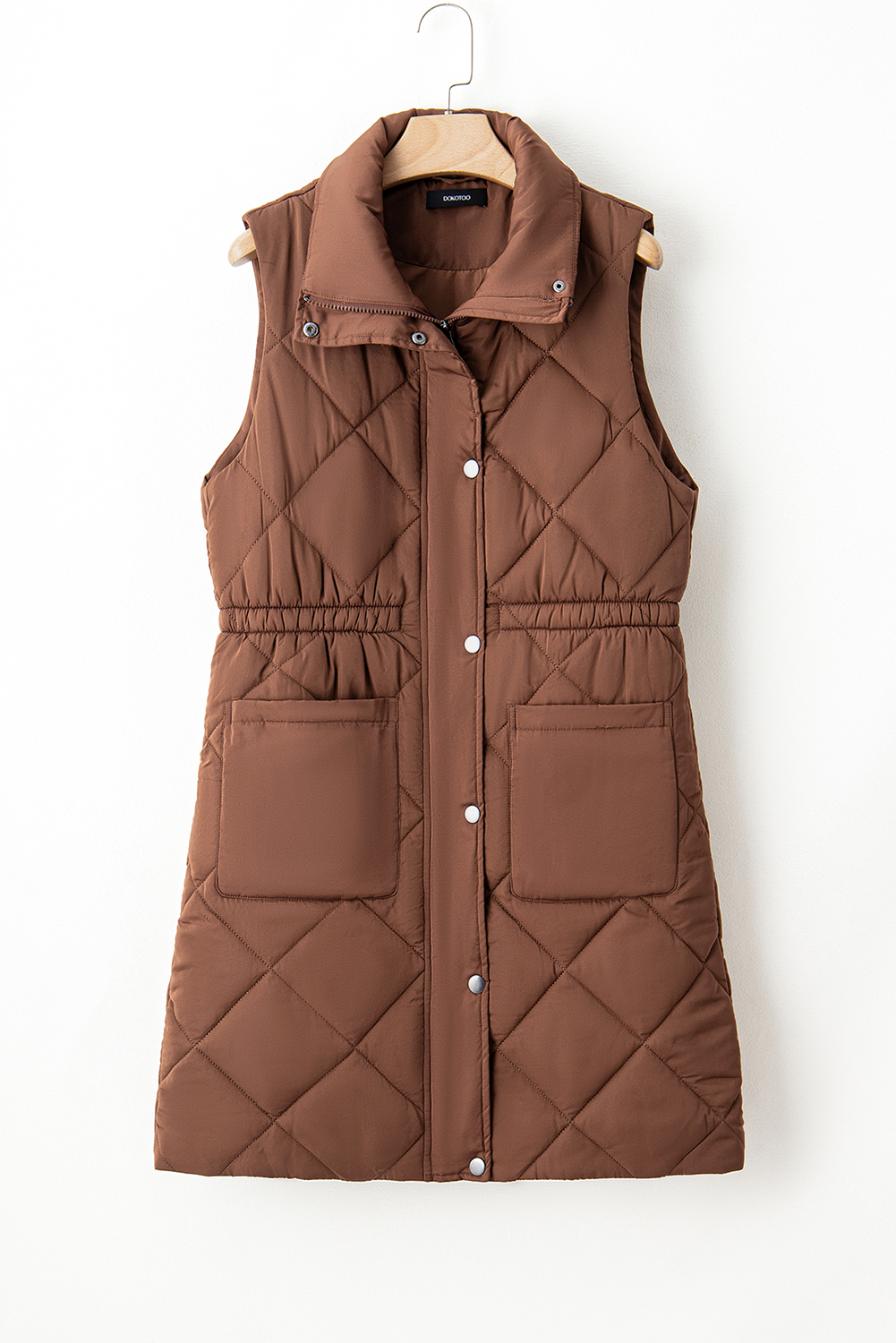 Women's Coffee Quilted Longline Puffer Vest with Stand Collar - Detail View 16 Women's Coffee Quilted Longline Puffer Vest with Stand Collar - Detail View 16