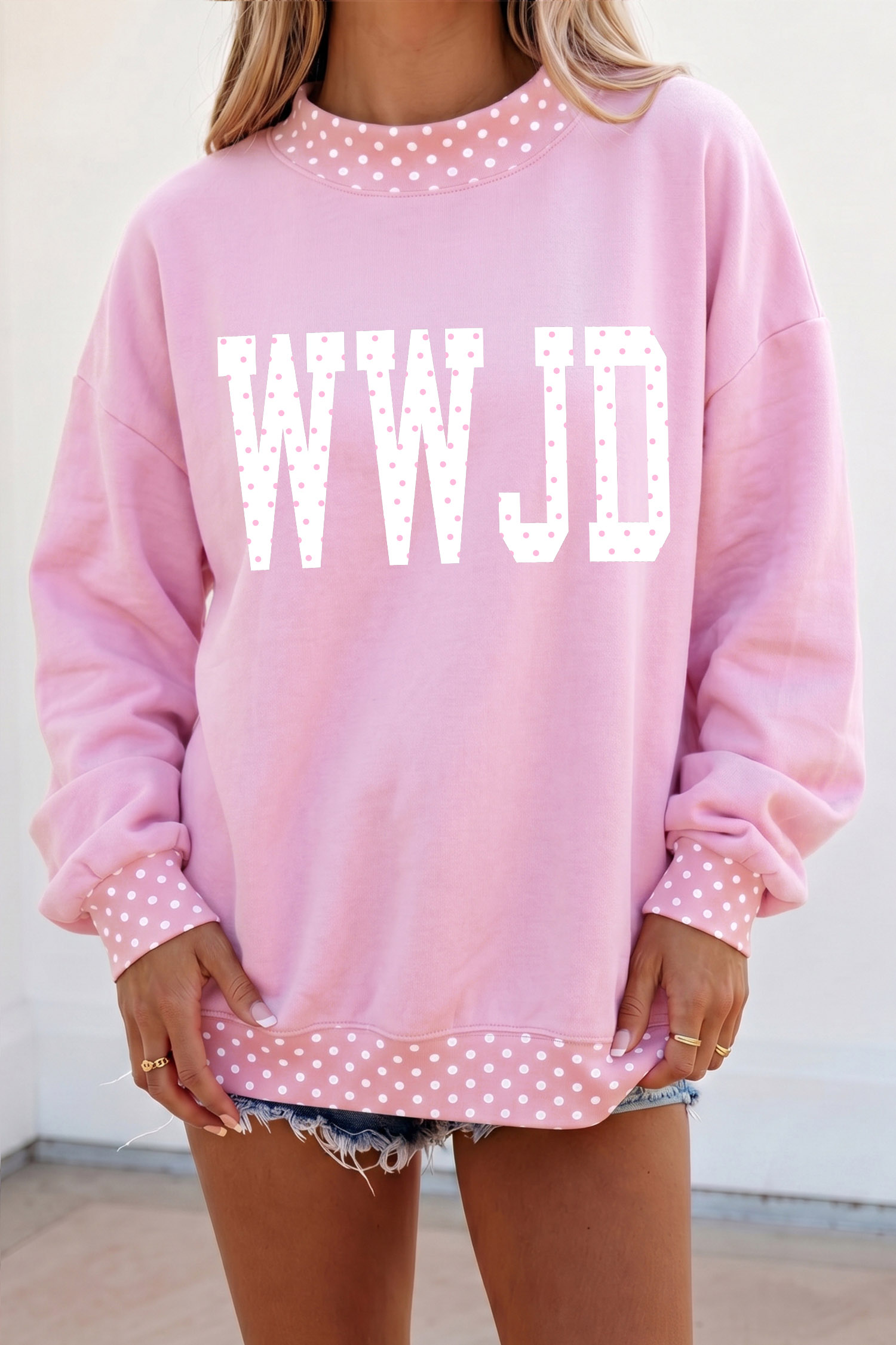 Women's Casual Sweatshirt, Pink Mock Neck Pullover - Detail View 7 Women's Casual Sweatshirt, Pink Mock Neck Pullover - Detail View 7