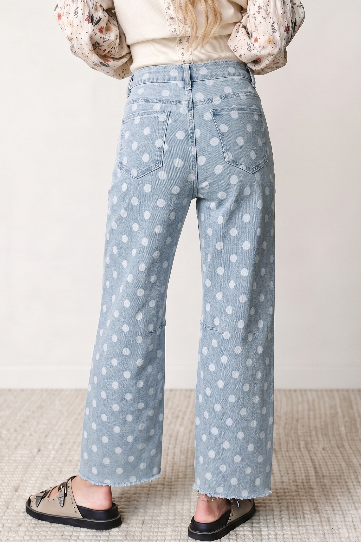 Polka Dot High Waisted Denim Jeans, Trendy Sky Blue Casual - Detail View 2 Polka Dot High Waisted Denim Jeans, Trendy Sky Blue Casual - Detail View 2