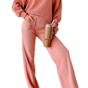 Women's Blossom Pink Casual Lounge Set with Drop Shoulder and Pocket - Main View