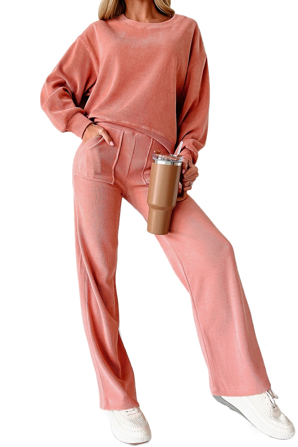 Women's Blossom Pink Casual Lounge Set with Drop Shoulder and Pocket - Main View Women's Blossom Pink Casual Lounge Set with Drop Shoulder and Pocket - Main View