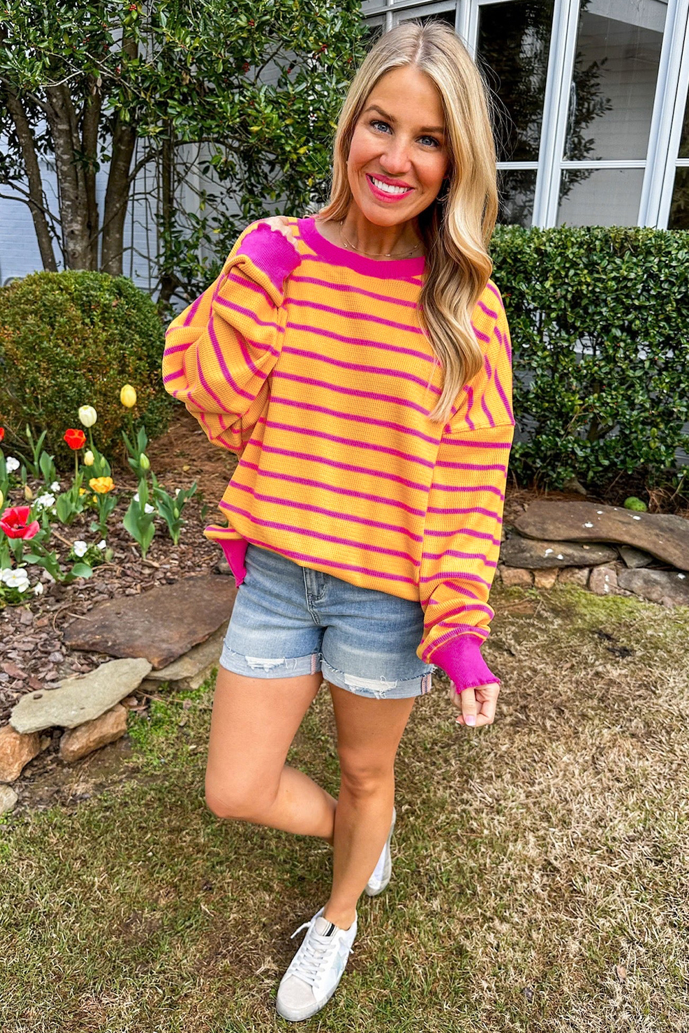 Women's Sweater, Orange Stripe, Round Neck, Drop Shoulder, Loose Fit, Long Sleeve, Knit, Striped Pattern, Casual Style, Comfortable, Fall & Autumn, Daily Wear, Sweaters & Cardigans - Detail View 10 Women's Sweater, Orange Stripe, Round Neck, Drop Shoulder, Loose Fit, Long Sleeve, Knit, Striped Pattern, Casual Style, Comfortable, Fall & Autumn, Daily Wear, Sweaters & Cardigans - Detail View 10