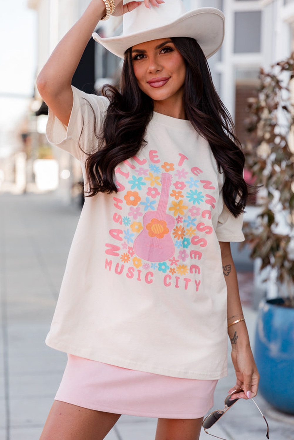 Women's Nashville Guitar T Shirt, Casual Floral Graphic Tee - Detail View 7 Women's Nashville Guitar T Shirt, Casual Floral Graphic Tee - Detail View 7