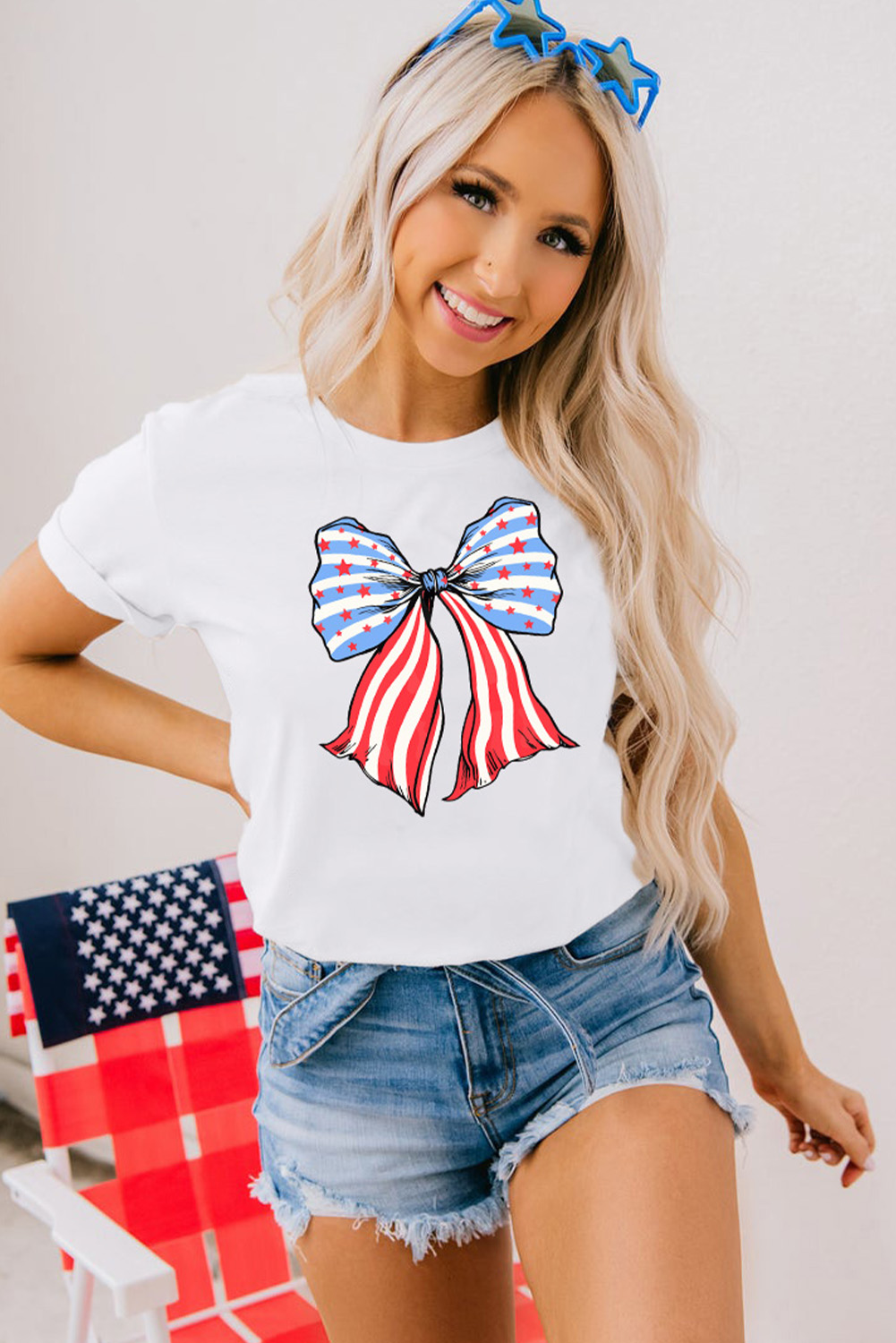 Graphic Print Tee: White Stripes and Stars Bowknot Design - Detail View 3 Graphic Print Tee: White Stripes and Stars Bowknot Design - Detail View 3