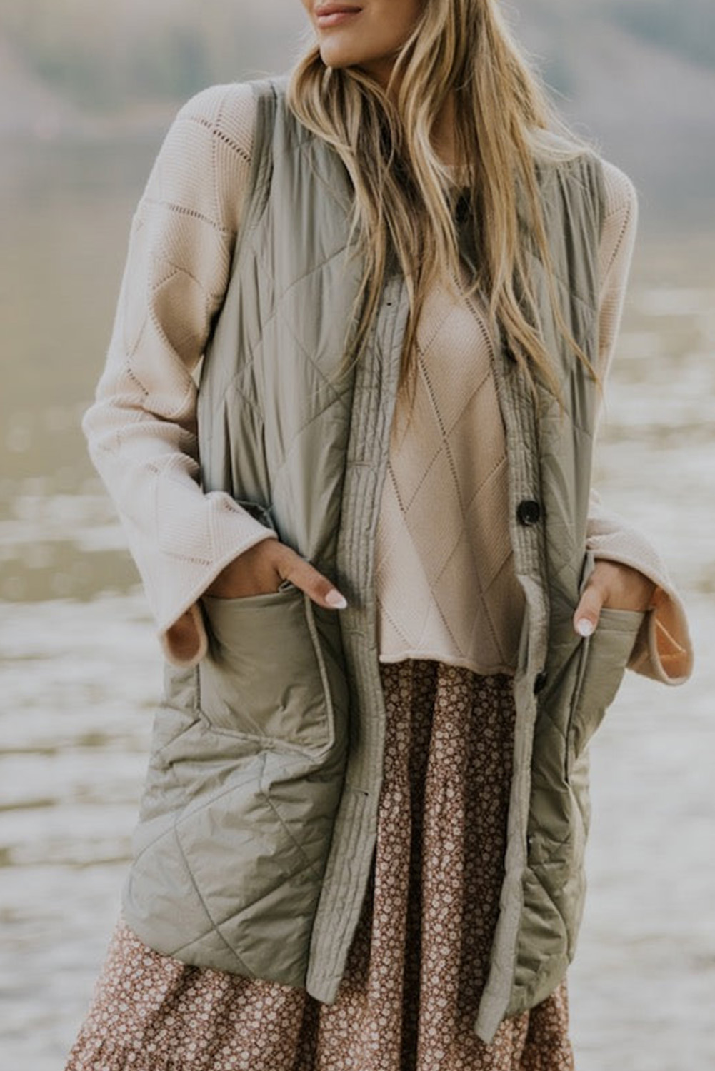 Casual Quilted Long Vest, Button Down Women's Outerwear - Detail View 2 Casual Quilted Long Vest, Button Down Women's Outerwear - Detail View 2