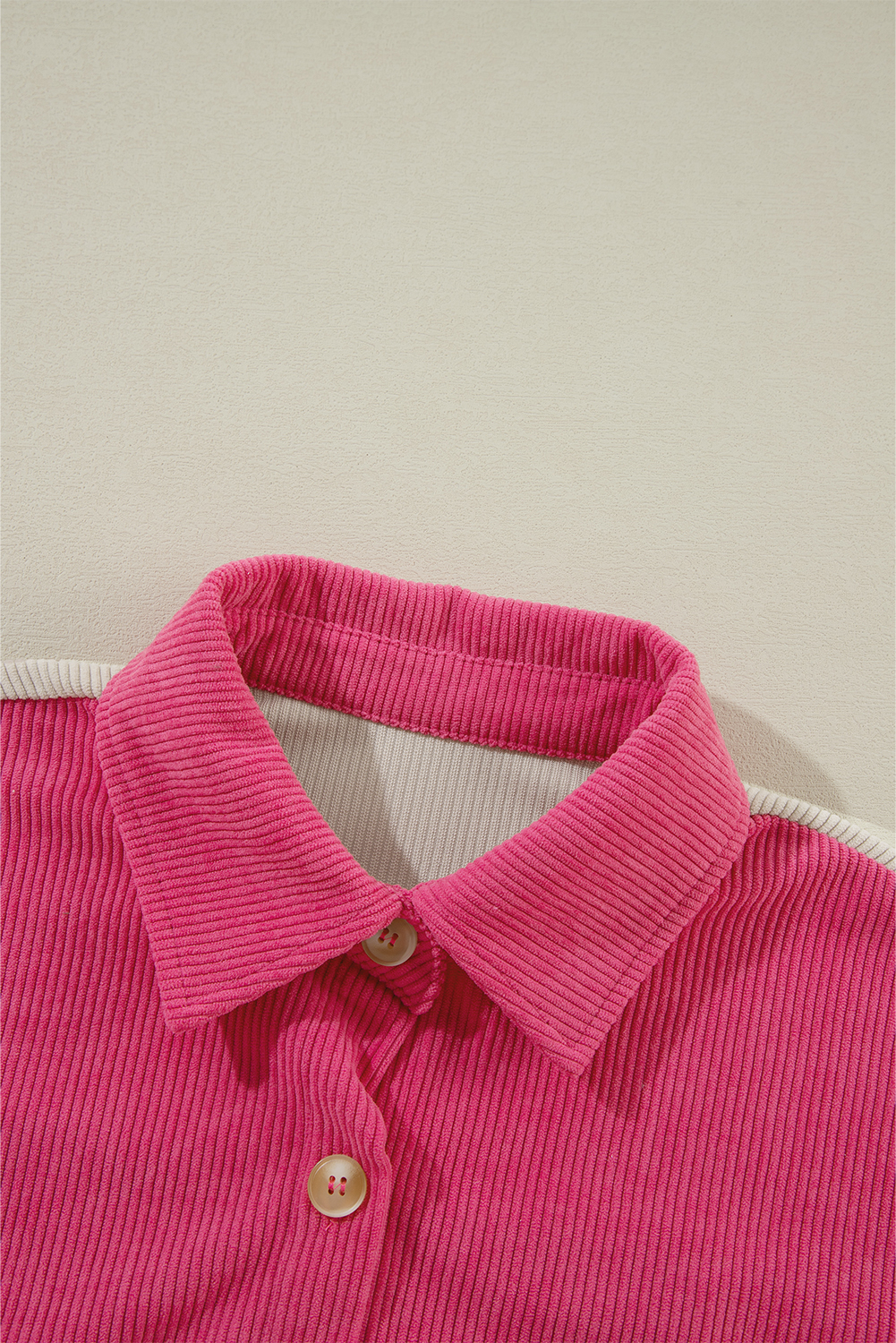 Elevate your winter wardrobe with this Women's Rose Red Colorblock Curved Hem Corduroy Shacket with Pocket. Stay stylish with the trendy color block design that adds a modern touch to your look. The unique patched pocket enhances the shacket with added flair and functionality. Crafted from outstanding corduroy, this shacket ensures durability and long-lasting wear. The curved hem further adds to its unique and fashionable appeal. Perfect for daily wear, this shacket is a versatile addition to your outerwear collection. Made from 95% polyester and 5% elastane, it offers both comfort and style, making it an essential piece for the winter season. - Detail View 9 Elevate your winter wardrobe with this Women's Rose Red Colorblock Curved Hem Corduroy Shacket with Pocket. Stay stylish with the trendy color block design that adds a modern touch to your look. The unique patched pocket enhances the shacket with added flair and functionality. Crafted from outstanding corduroy, this shacket ensures durability and long-lasting wear. The curved hem further adds to its unique and fashionable appeal. Perfect for daily wear, this shacket is a versatile addition to your outerwear collection. Made from 95% polyester and 5% elastane, it offers both comfort and style, making it an essential piece for the winter season. - Detail View 9