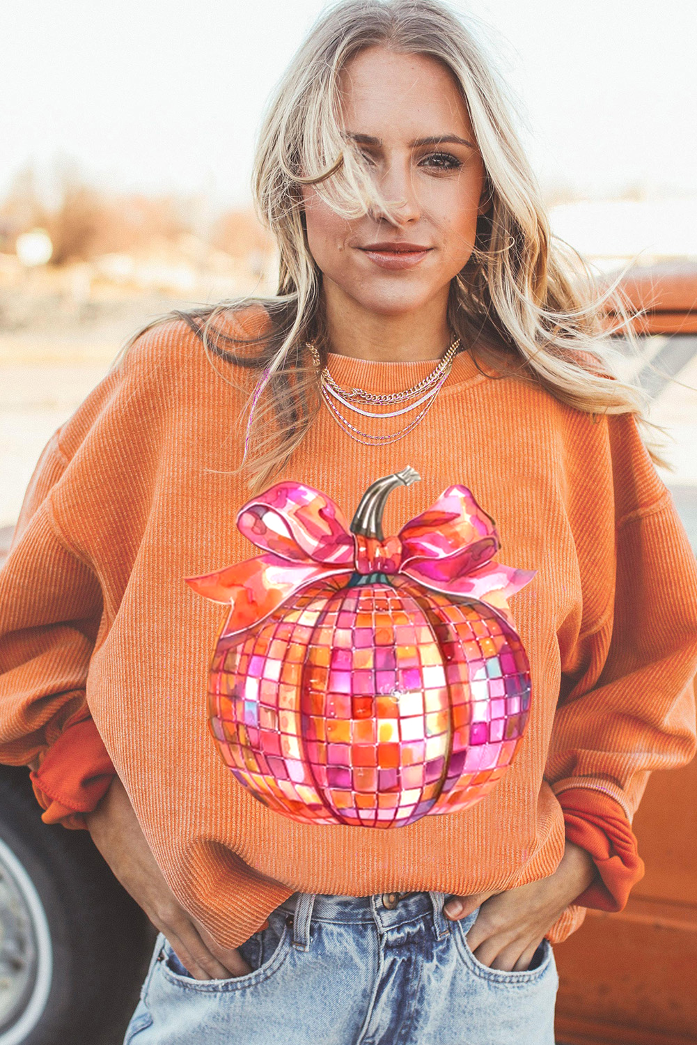 Casual Long Sleeve Thanksgiving Sweatshirt with Playful Pumpkin Bow Graphic - Detail View 6 Casual Long Sleeve Thanksgiving Sweatshirt with Playful Pumpkin Bow Graphic - Detail View 6