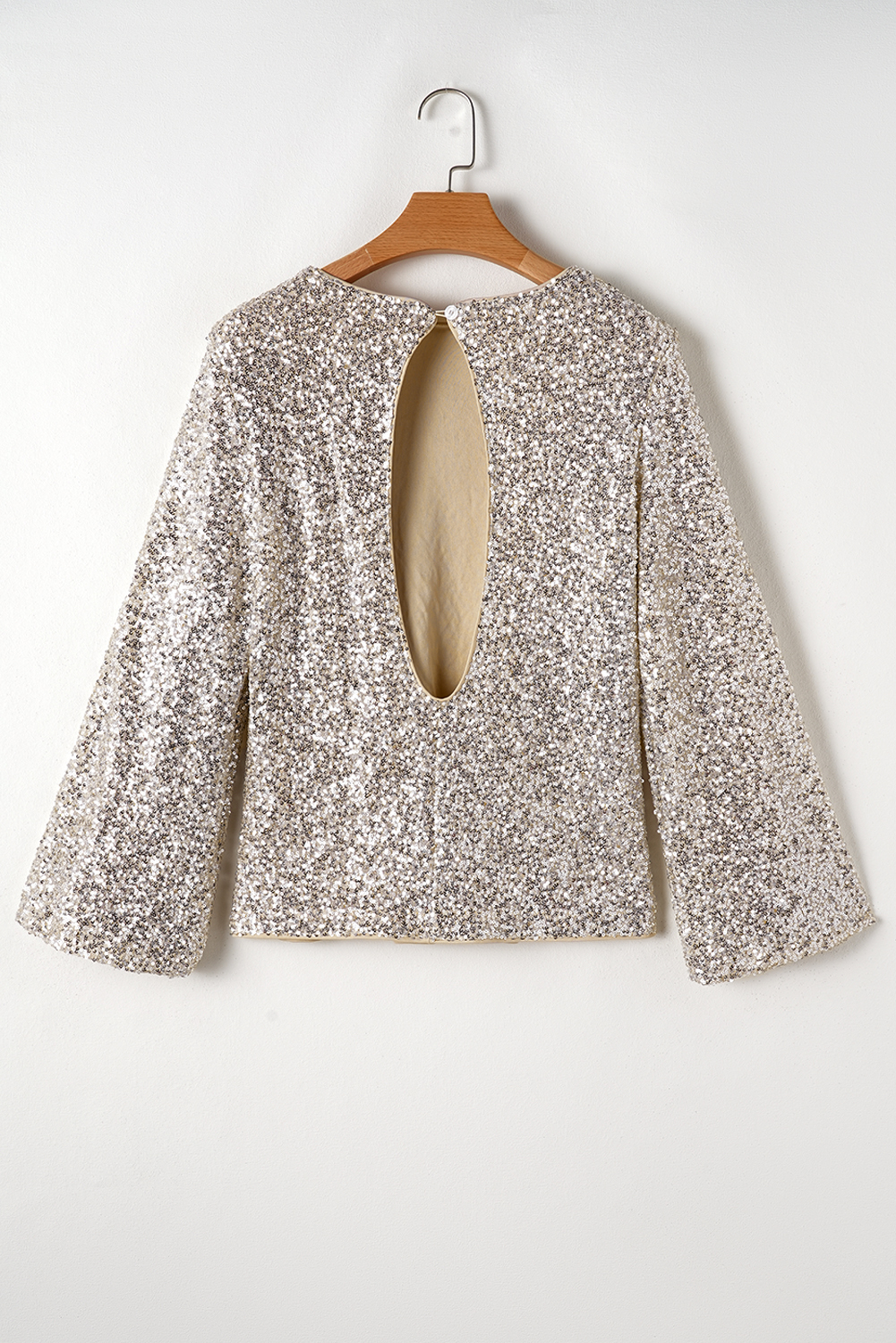 Luxurious Silvery Sequin Blouse with Long Puff Sleeves and Daring Cutout Back - Detail View 8 Luxurious Silvery Sequin Blouse with Long Puff Sleeves and Daring Cutout Back - Detail View 8