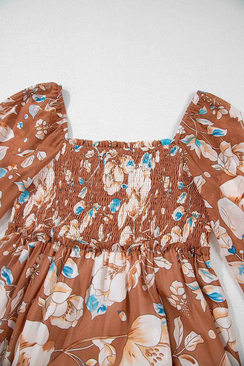 Women's Maxi Dress, Brown Floral Print, Shirred Square Neck, High Waist, Long Sleeve, Smocked Bodice, Elegant Dress, Boho Style, Tiered Dress, Comfortable Fit, Fall Fashion, Southern Belle, Floral Pattern, A-Line Silhouette, Daily Wear, Wedding Guest Dress, Fashionable Women's Dress - Detail View 12 Women's Maxi Dress, Brown Floral Print, Shirred Square Neck, High Waist, Long Sleeve, Smocked Bodice, Elegant Dress, Boho Style, Tiered Dress, Comfortable Fit, Fall Fashion, Southern Belle, Floral Pattern, A-Line Silhouette, Daily Wear, Wedding Guest Dress, Fashionable Women's Dress - Detail View 12