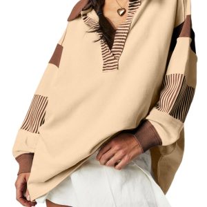 Women's Light French Beige Striped Colorblock Patchwork Collar Sweatshirt - Main View