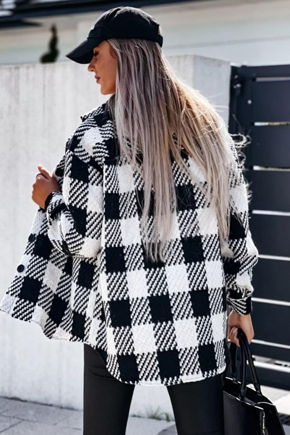 Elegant Plaid Button Shacket, Textured Daily Outerwear - Detail View 3 Elegant Plaid Button Shacket, Textured Daily Outerwear - Detail View 3