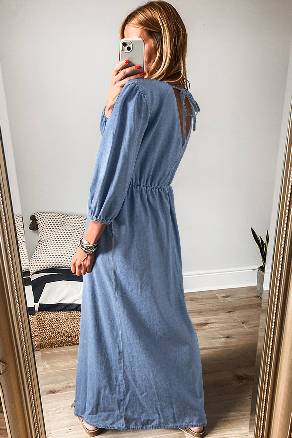 Timeless Chambray Maxi Dress with Deep V Neck and Flared Sleeves - Detail View 2 Timeless Chambray Maxi Dress with Deep V Neck and Flared Sleeves - Detail View 2