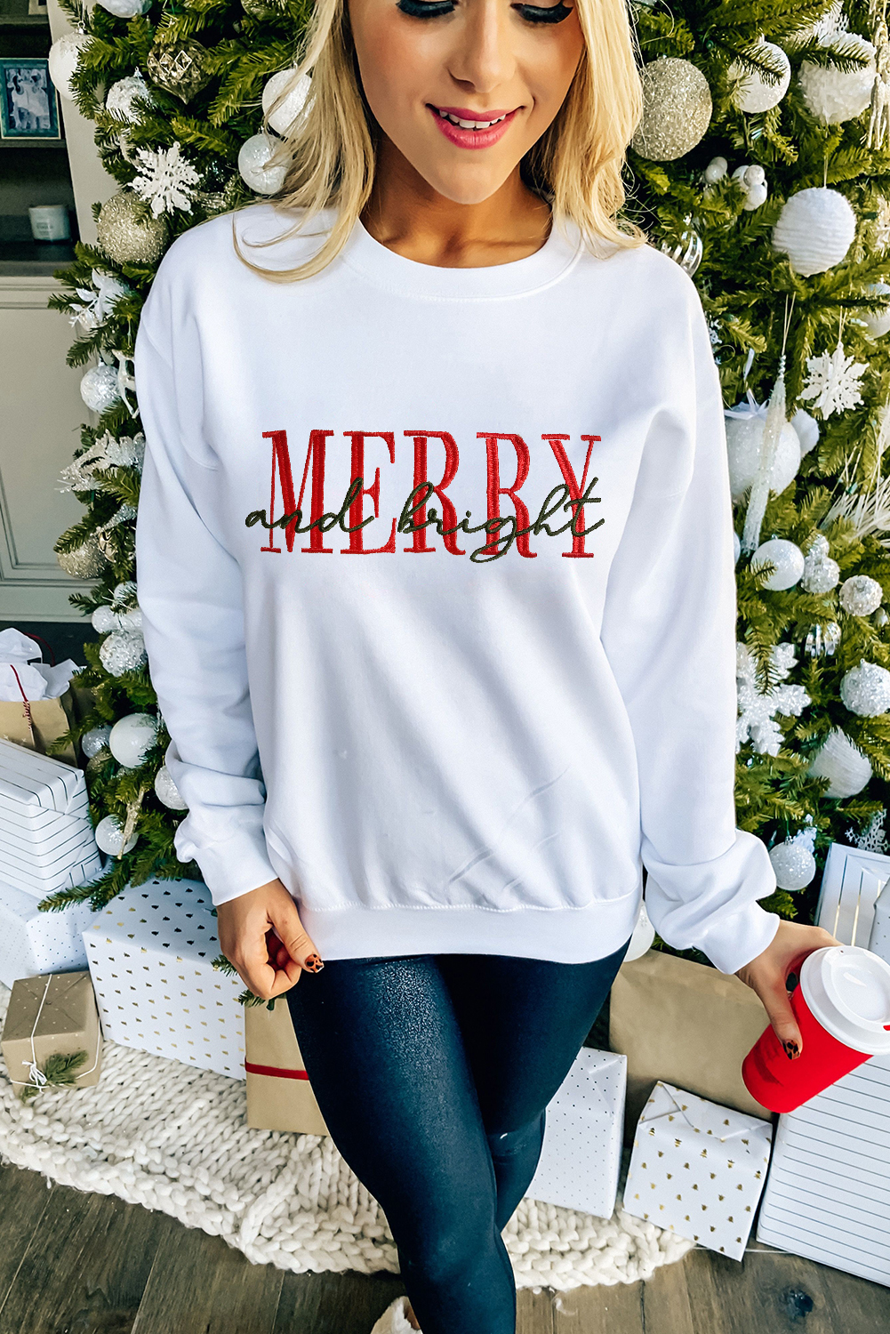 Women's Sweatshirt, Beige Sweatshirt, Embroidered Graphic, MERRY and Bright, Casual Pullover, Long Sleeve, Holiday Wear, Comfortable, Everyday Style, Letter Pattern, Versatile Fashion, Fall Fashion, Christmas Apparel, Cozy Sweater, Graphic Sweatshirts - Detail View 4 Women's Sweatshirt, Beige Sweatshirt, Embroidered Graphic, MERRY and Bright, Casual Pullover, Long Sleeve, Holiday Wear, Comfortable, Everyday Style, Letter Pattern, Versatile Fashion, Fall Fashion, Christmas Apparel, Cozy Sweater, Graphic Sweatshirts - Detail View 4