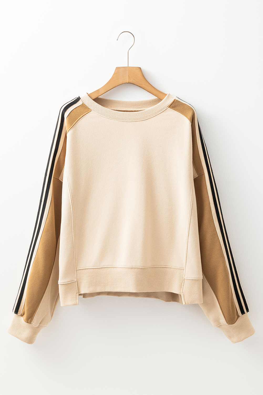Women's Sweatshirt, Beige Sweatshirt, Contrast Striped, Patchwork Design, Drop Shoulder, Loose Fit, Long Sleeve, Casual Style, Daily Wear, Comfortable, Cotton Blend, Ribbed Details, Trendy, Shift Silhouette, Tops, Sweatshirts & Hoodies - Detail View 8 Women's Sweatshirt, Beige Sweatshirt, Contrast Striped, Patchwork Design, Drop Shoulder, Loose Fit, Long Sleeve, Casual Style, Daily Wear, Comfortable, Cotton Blend, Ribbed Details, Trendy, Shift Silhouette, Tops, Sweatshirts & Hoodies - Detail View 8