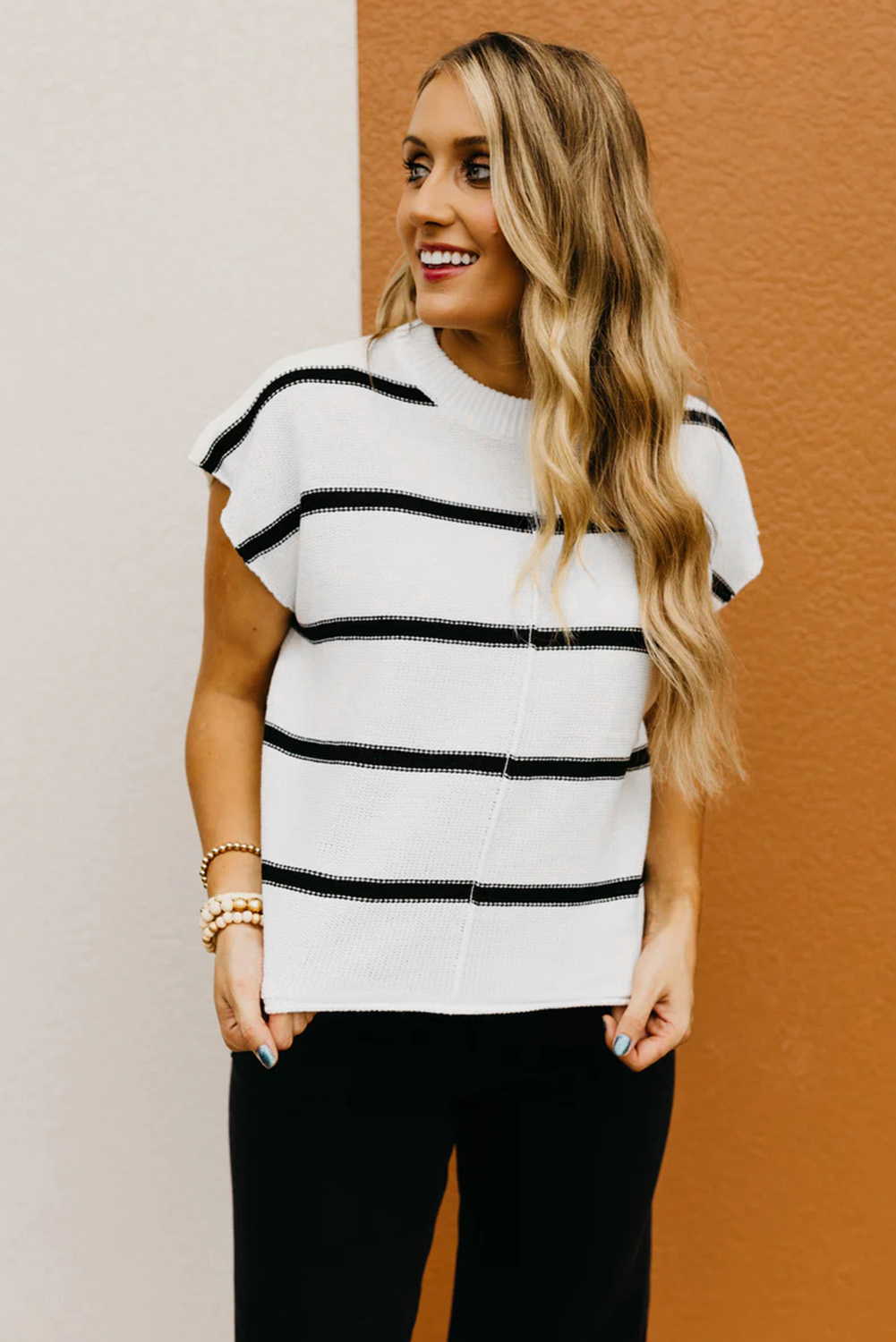 Women's Classic White Striped Batwing Sleeve Sweater Tee - Detail View 6 Women's Classic White Striped Batwing Sleeve Sweater Tee - Detail View 6