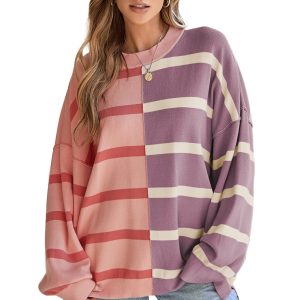 Women's Oversized Pink Stripe Colorblock Crew Neck Sweater - Main View